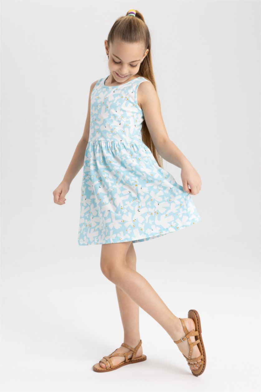 GIRLS & TEENS Light Aqua Girl Patterned Sleeveless Cotton Dress