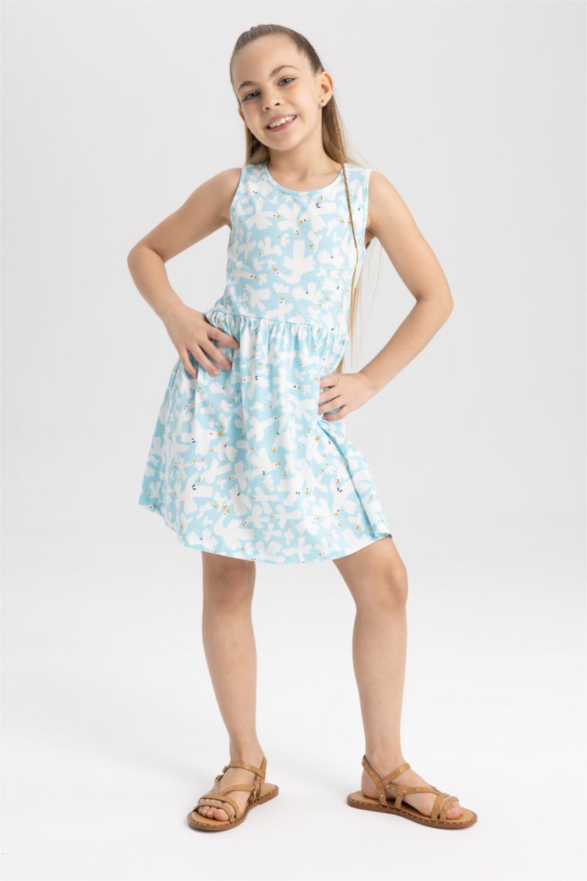 GIRLS & TEENS Light Aqua Girl Patterned Sleeveless Cotton Dress