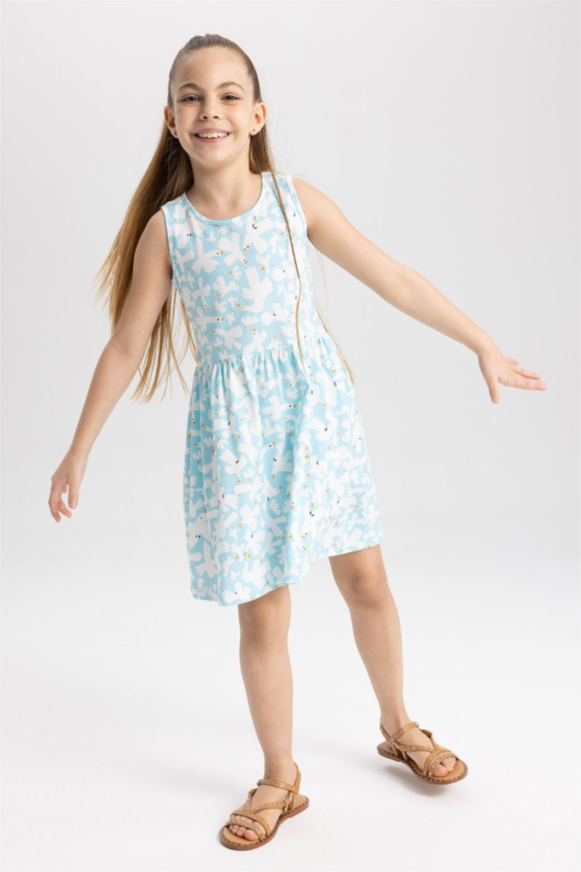 GIRLS & TEENS Light Aqua Girl Patterned Sleeveless Cotton Dress