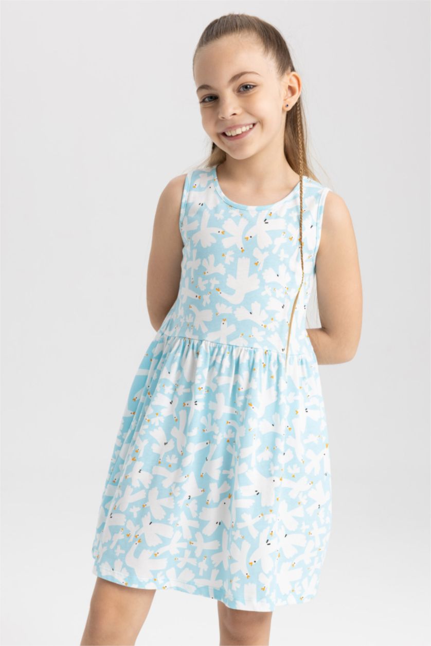 GIRLS & TEENS Light Aqua Girl Patterned Sleeveless Cotton Dress