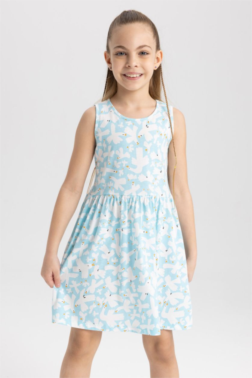 GIRLS & TEENS Light Aqua Girl Patterned Sleeveless Cotton Dress