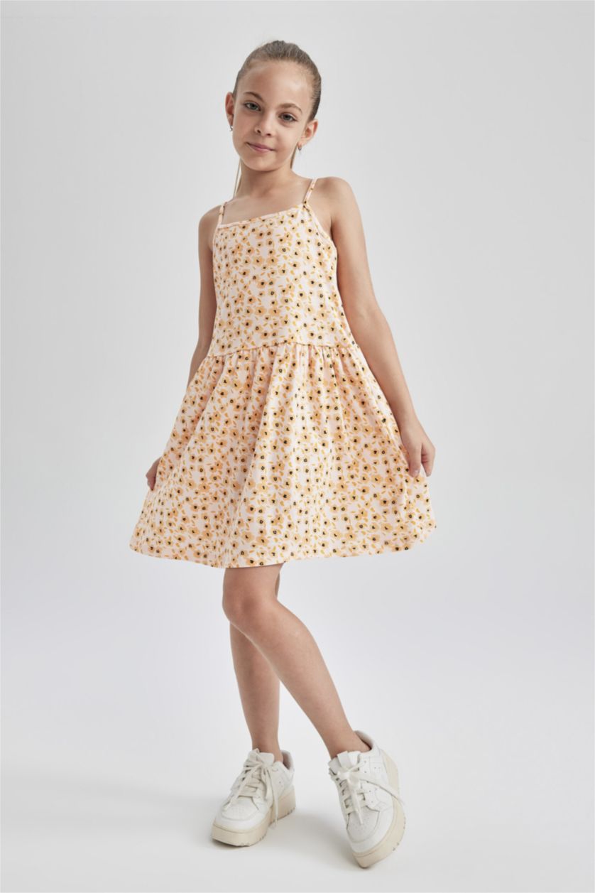 FILLES Orange Robe d'été en coton peigné à bretelles à motifs floraux pour fille