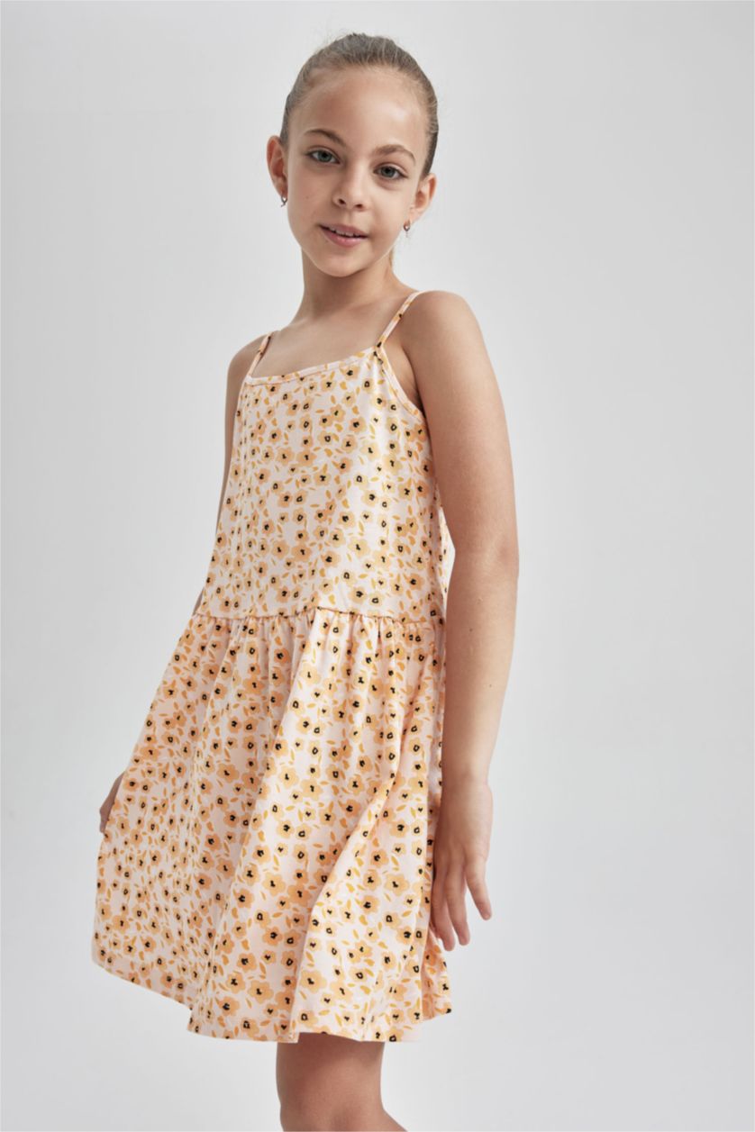 FILLES Orange Robe d'été en coton peigné à bretelles à motifs floraux pour fille
