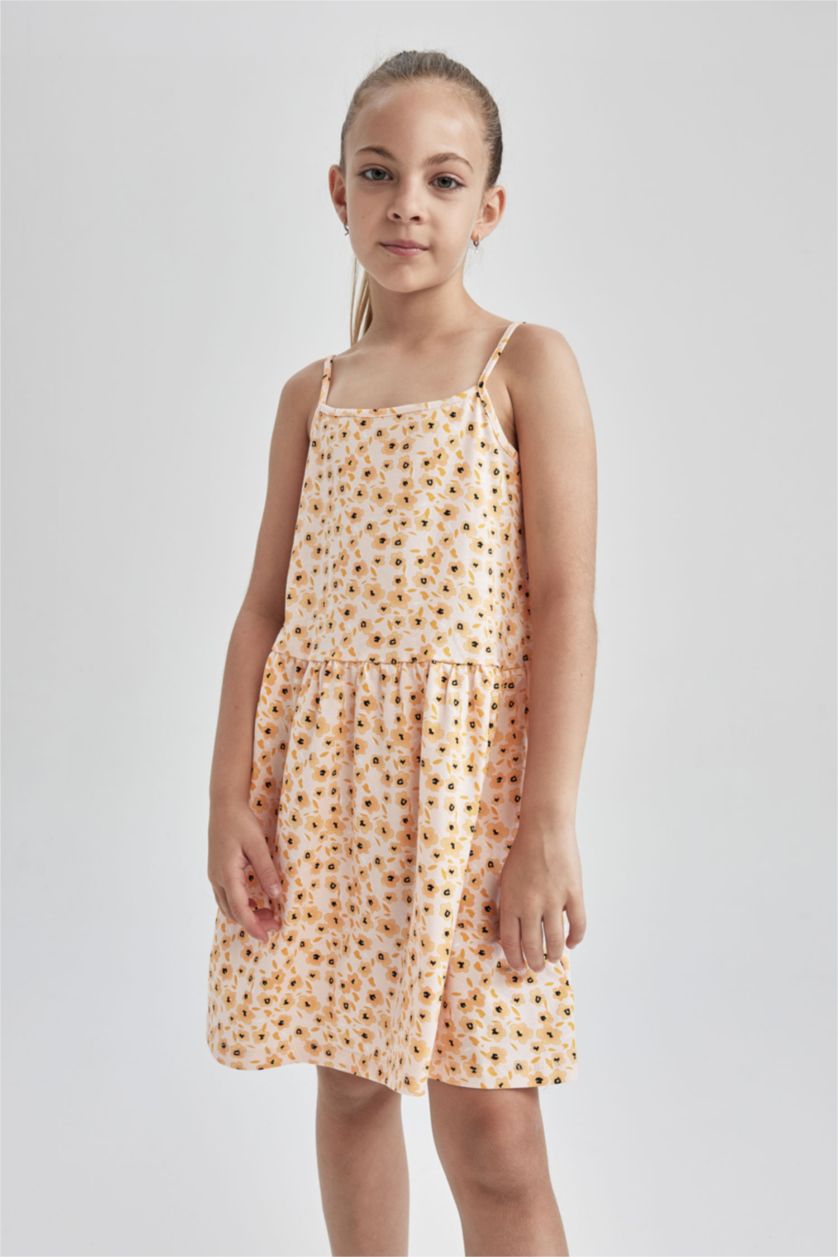 FILLES Orange Robe d'été en coton peigné à bretelles à motifs floraux pour fille