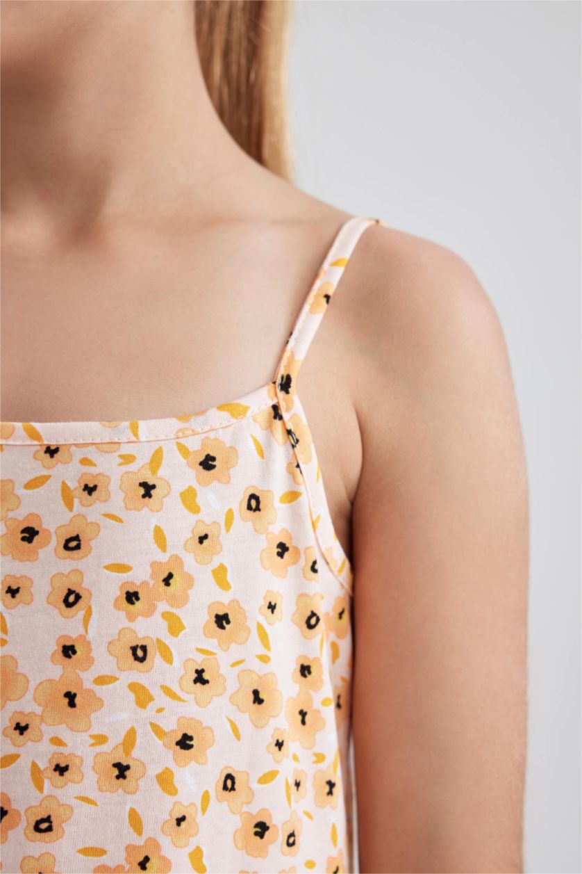 FILLES Orange Robe d'été en coton peigné à bretelles à motifs floraux pour fille