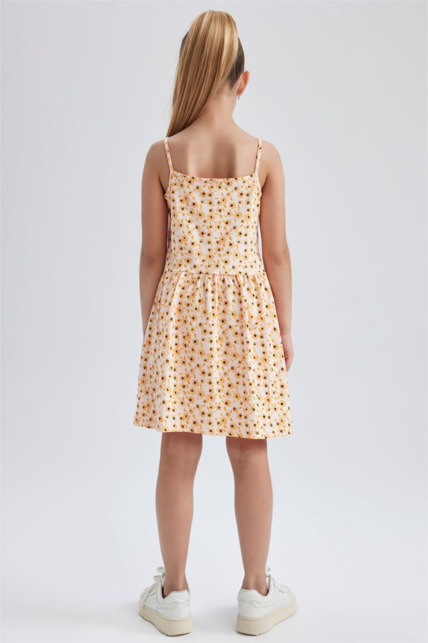 FILLES Orange Robe d'été en coton peigné à bretelles à motifs floraux pour fille