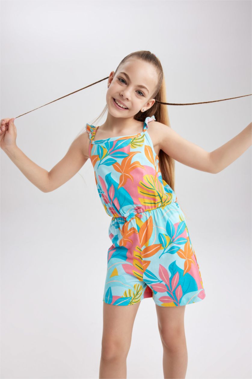 GIRLS & TEENS Light Aqua Girl Patterned Strap Cotton Short Jumpsuit