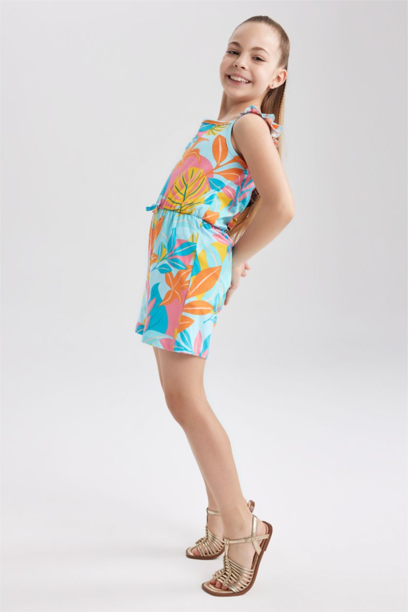 GIRLS & TEENS Light Aqua Girl Patterned Strap Cotton Short Jumpsuit