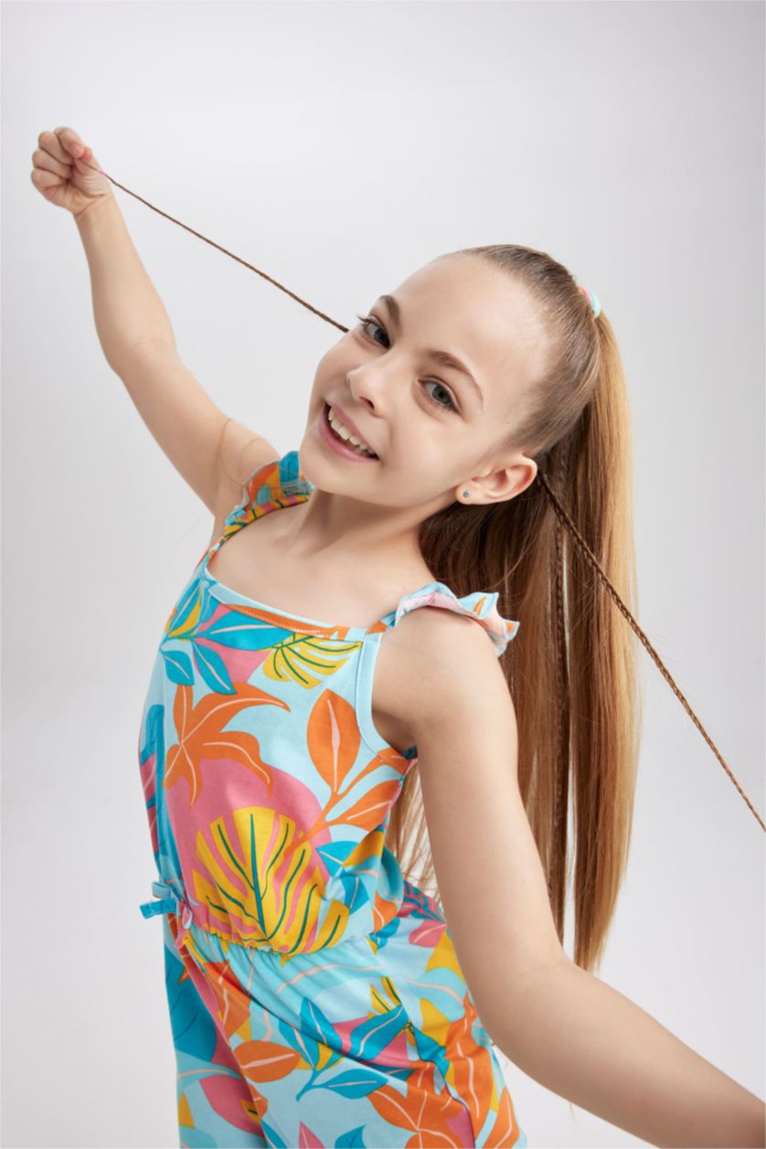 GIRLS & TEENS Light Aqua Girl Patterned Strap Cotton Short Jumpsuit