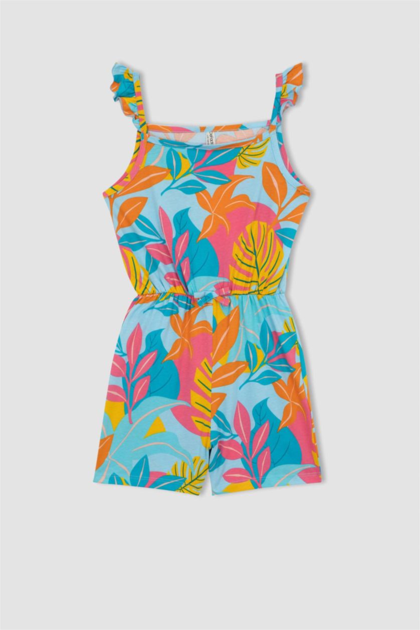 GIRLS & TEENS Light Aqua Girl Patterned Strap Cotton Short Jumpsuit