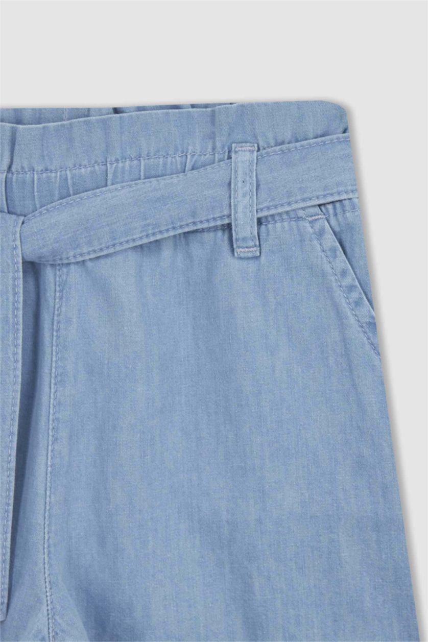 GIRLS & TEENS Ice Blue Girl Paperbag Elastic Waist Belted Denim Shorts