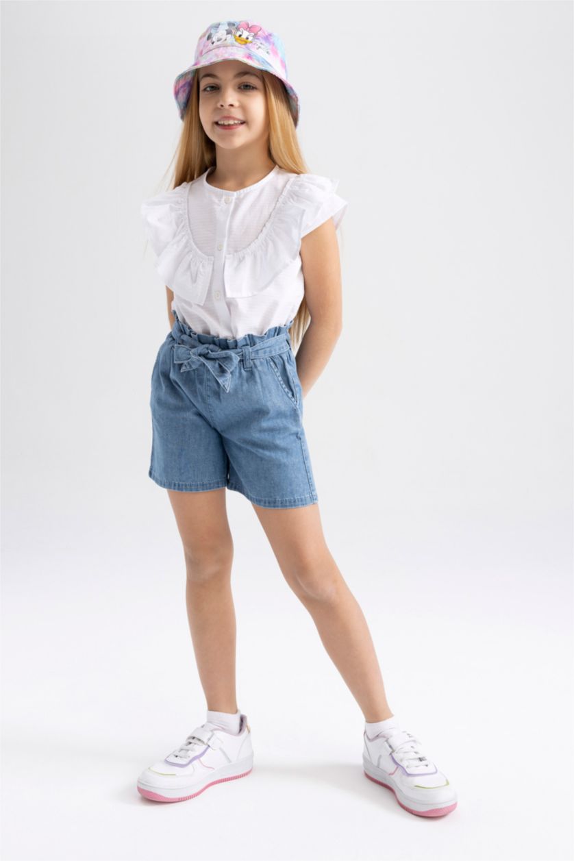 بنات أزرق فاتح شورت جينز بناتي بيبرباج  بحزام وخصر مرن