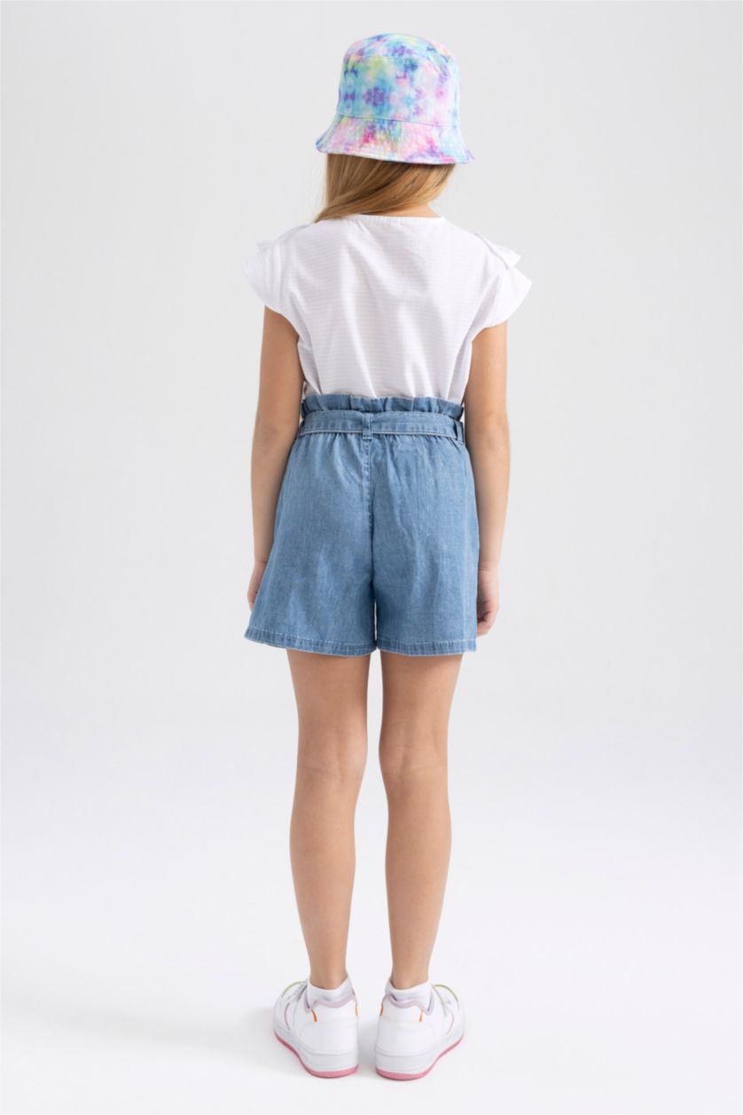 بنات أزرق فاتح شورت جينز بناتي بيبرباج  بحزام وخصر مرن