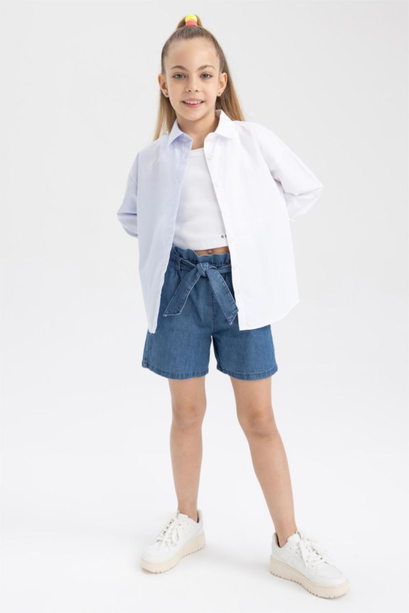 بناتي أزرق شورت جينز بناتي بيبرباج بحزام بخصر مرن