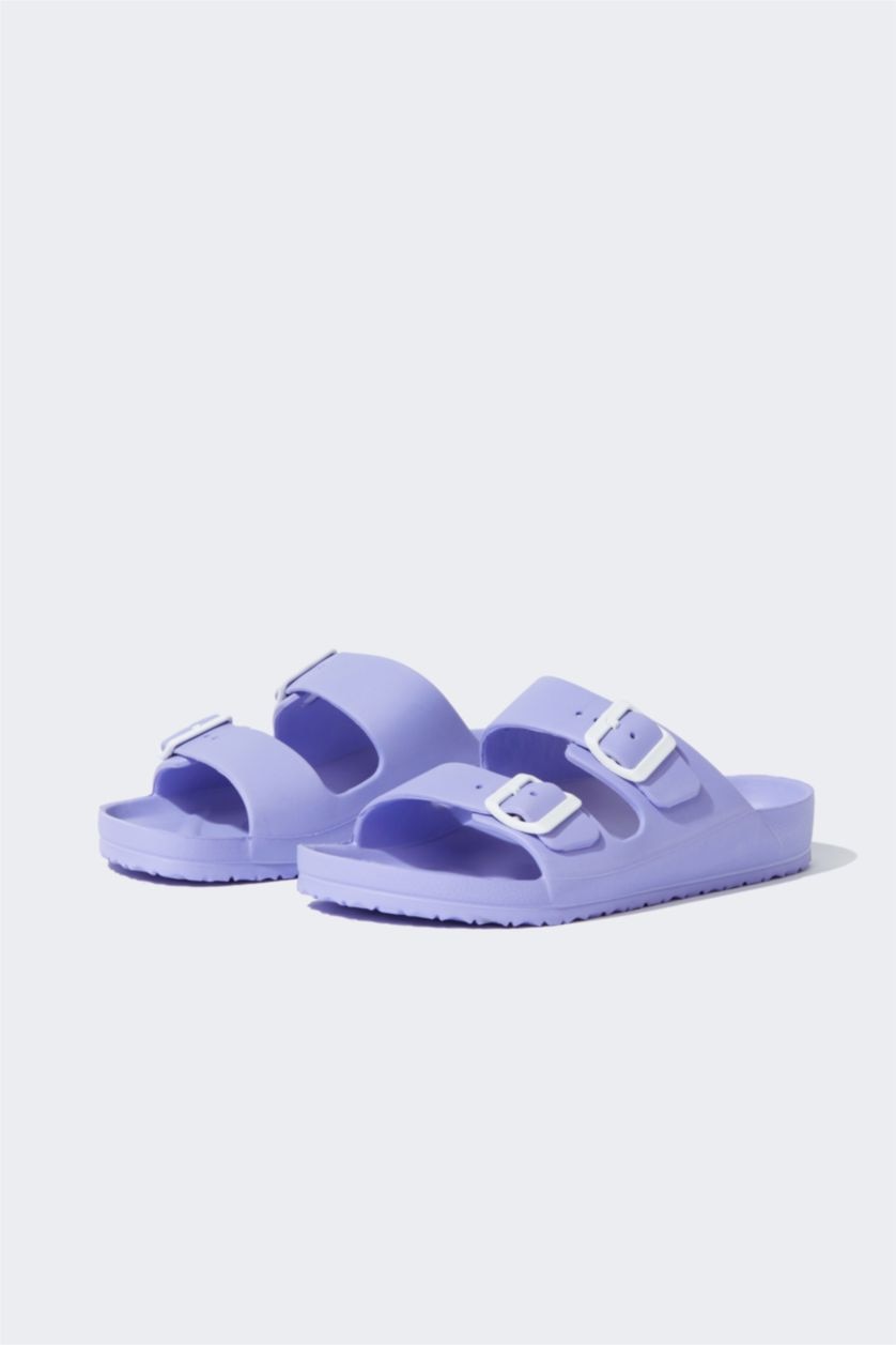 Woman Purple Double Band Buckled Slippers