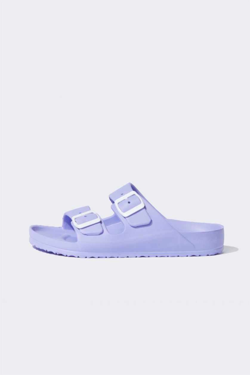 Woman Purple Double Band Buckled Slippers