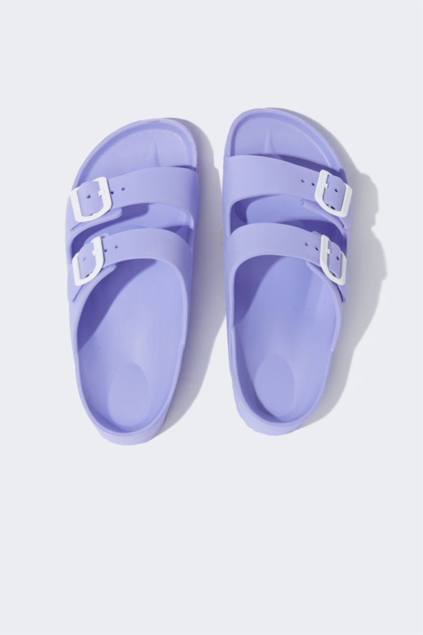 Woman Purple Double Band Buckled Slippers