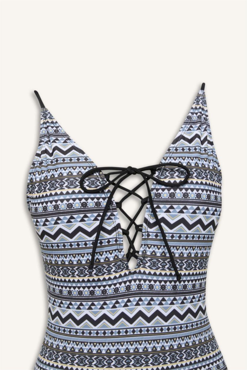 Kadın Siyah Regular Fit Etnik Desenli Mayo