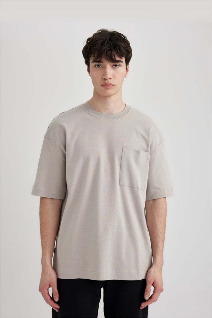 رجال اللون الحجري تي شيرت اوفر سايز  بياقة مستديرة