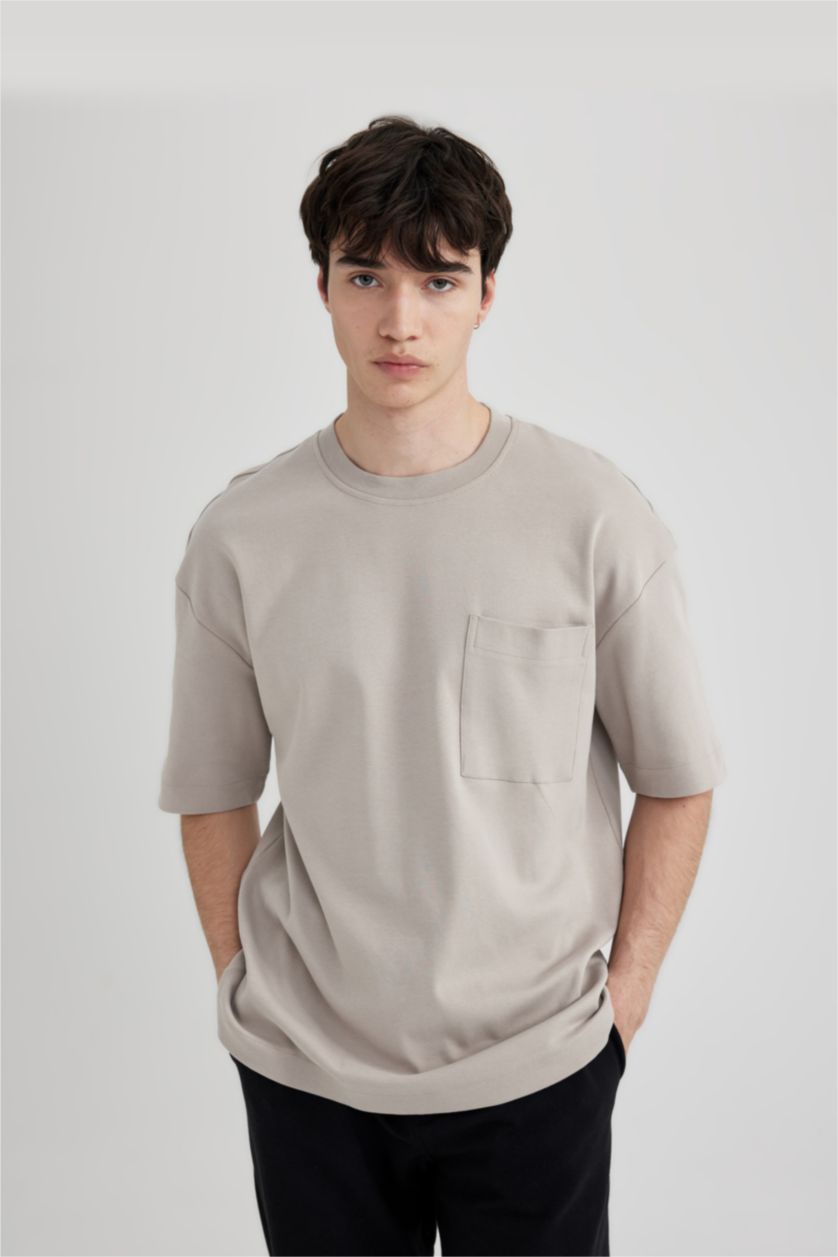 رجال اللون الحجري تي شيرت اوفر سايز  بياقة مستديرة