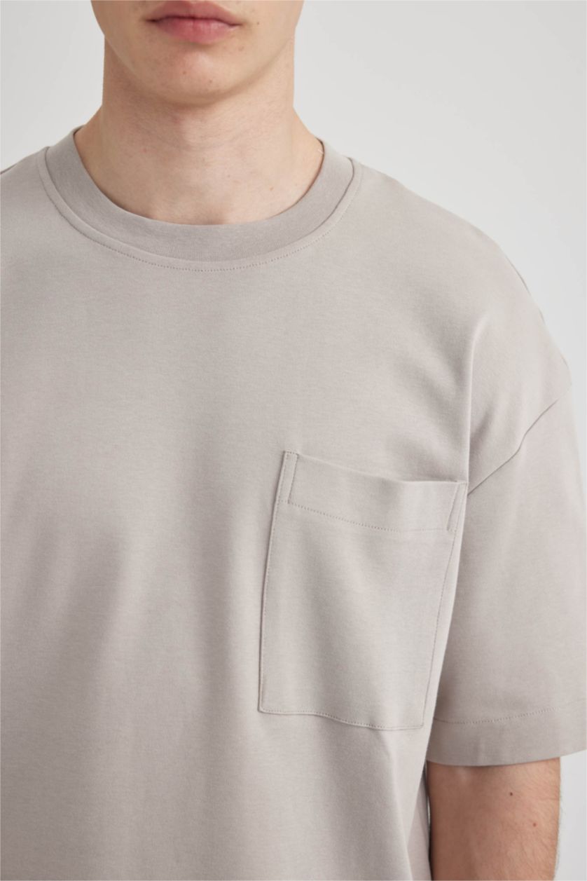 رجال اللون الحجري تي شيرت اوفر سايز  بياقة مستديرة