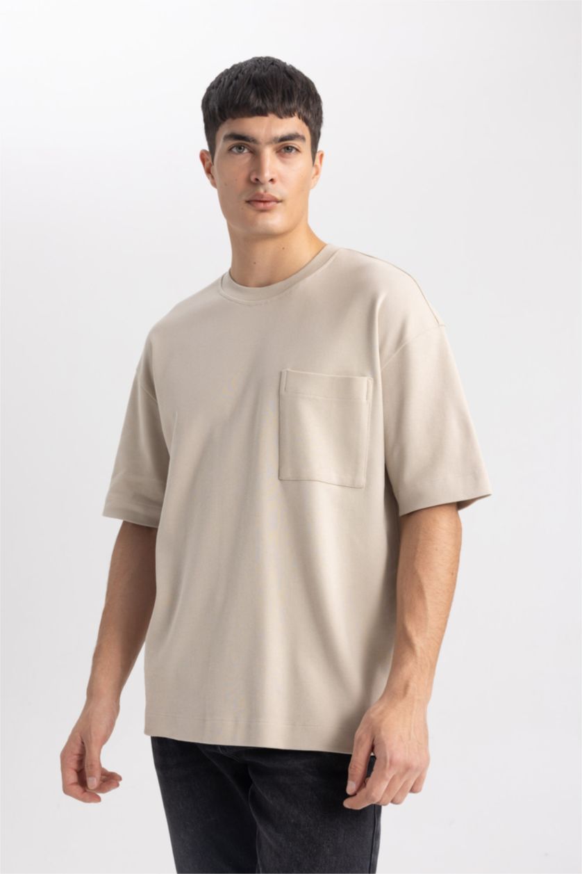 رجال اللون الحجري تيشيرت محبوك اوفر سايز بياخة مستديرة