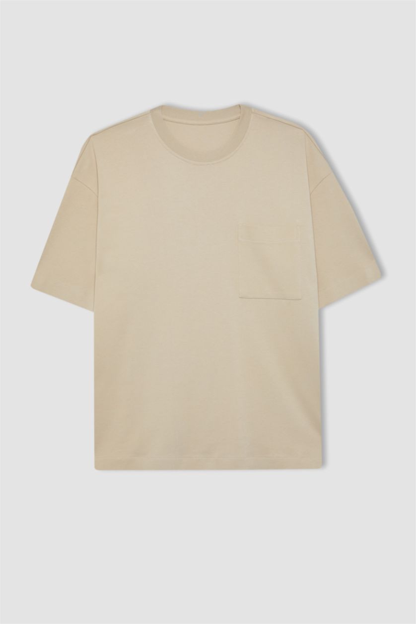 رجال اللون الحجري تيشيرت محبوك اوفر سايز بياخة مستديرة