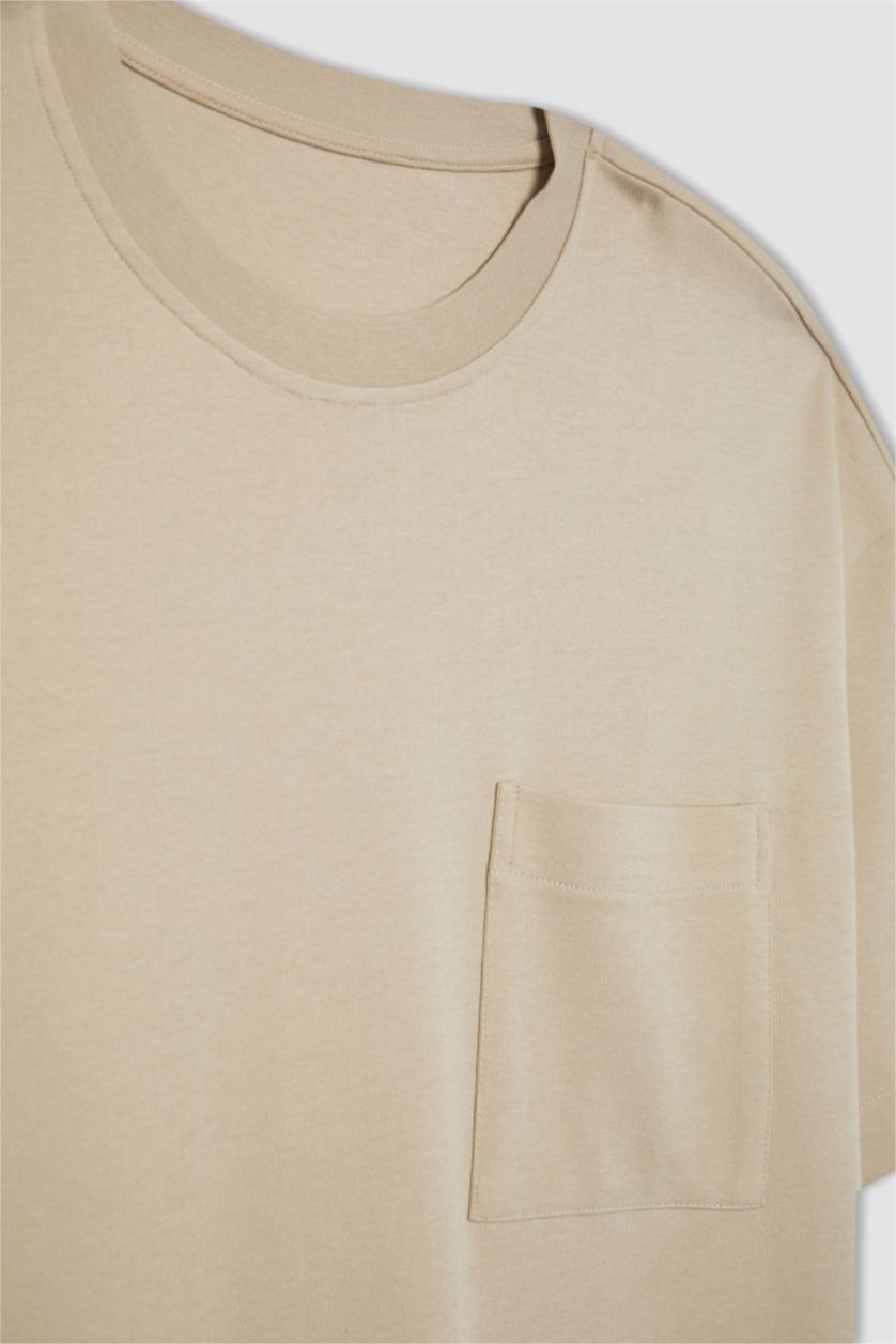 رجال اللون الحجري تيشيرت محبوك اوفر سايز بياخة مستديرة