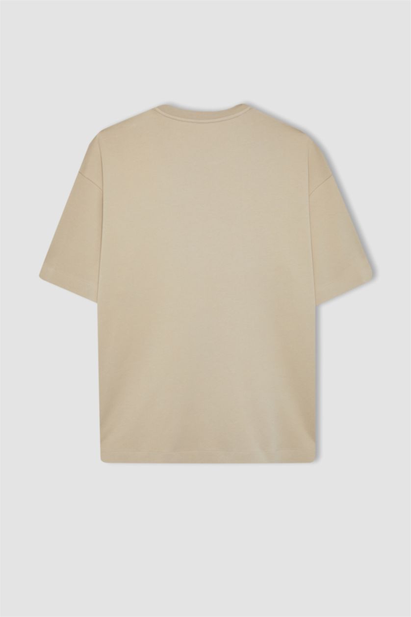 رجال اللون الحجري تيشيرت محبوك اوفر سايز بياخة مستديرة