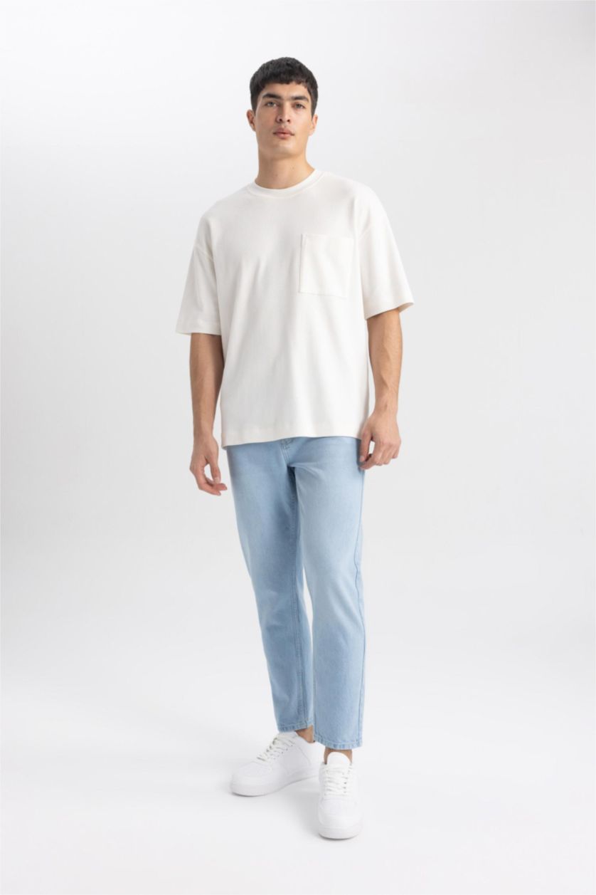 رجالي بيج فاتح تيشيرت اوفر سايز قطن بيزك بريميوم وياقة مستديرة