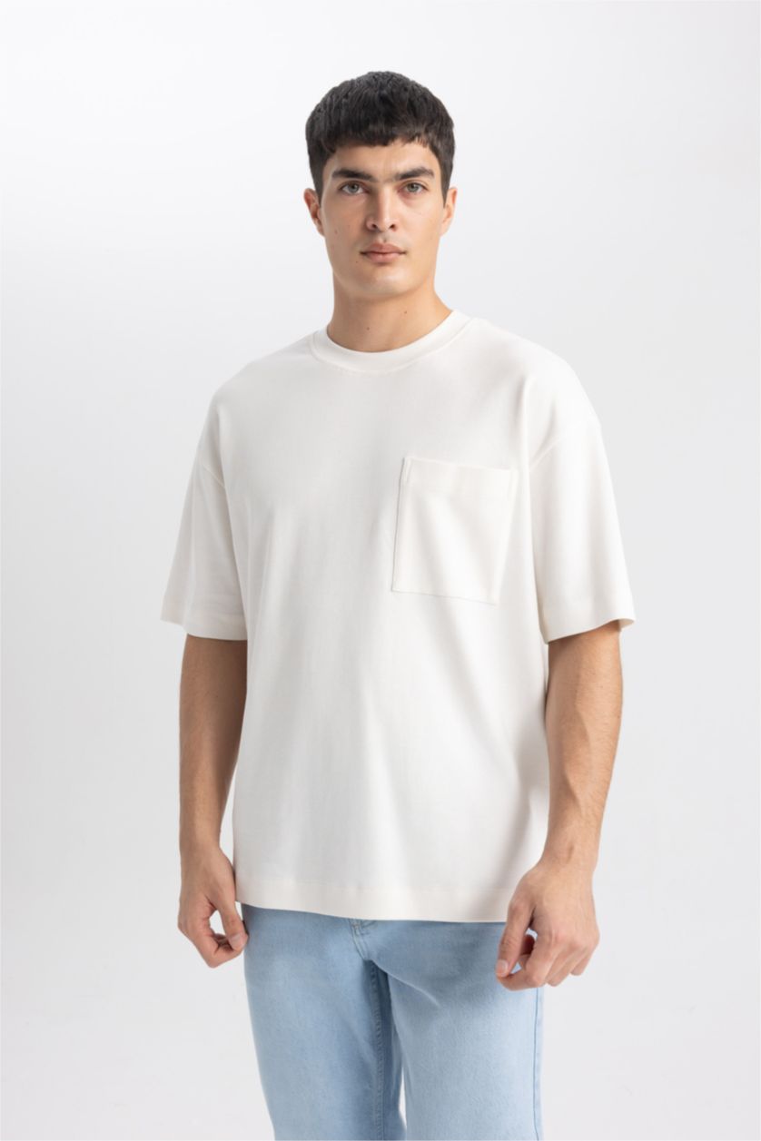 رجالي بيج فاتح تيشيرت اوفر سايز قطن بيزك بريميوم وياقة مستديرة