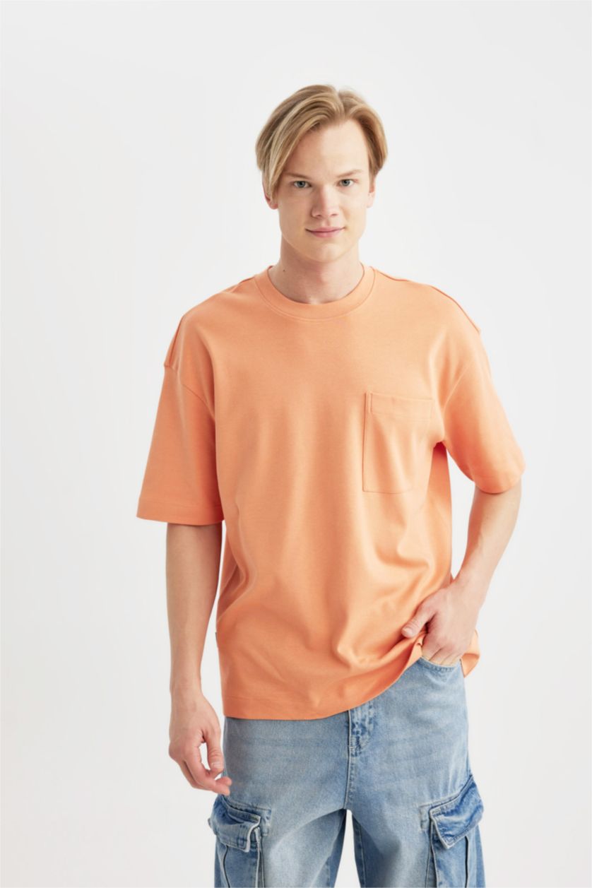 Мужчины Оранжевый Футболка оверсайз с круглым вырезом из 100% хлопка