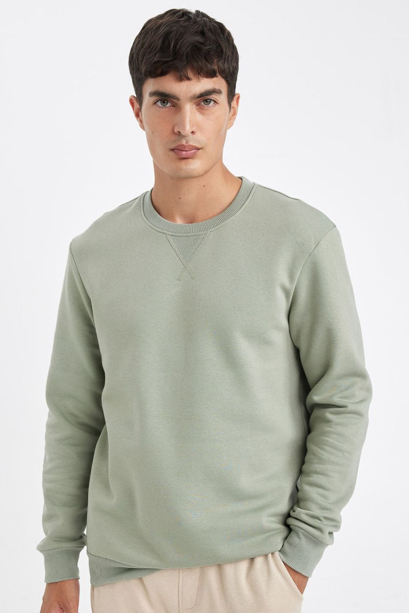 Erkek Açık Yeşil Regular Fit Bisiklet Yaka Kalın Basic Düz Sweatshirt