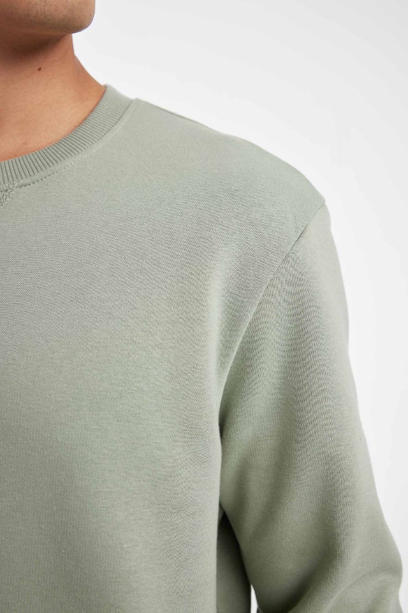 Erkek Açık Yeşil Regular Fit Bisiklet Yaka Kalın Basic Düz Sweatshirt