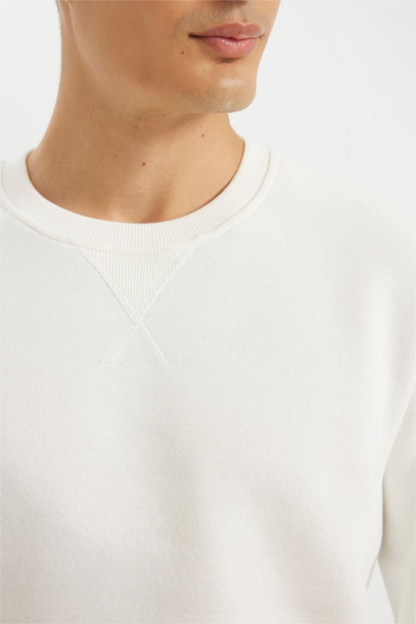 Erkek Kırık Beyaz Regular Fit Bisiklet Yaka Kalın Basic Düz Sweatshirt