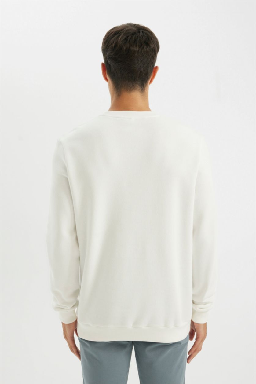 Erkek Kırık Beyaz Regular Fit Bisiklet Yaka Kalın Basic Düz Sweatshirt