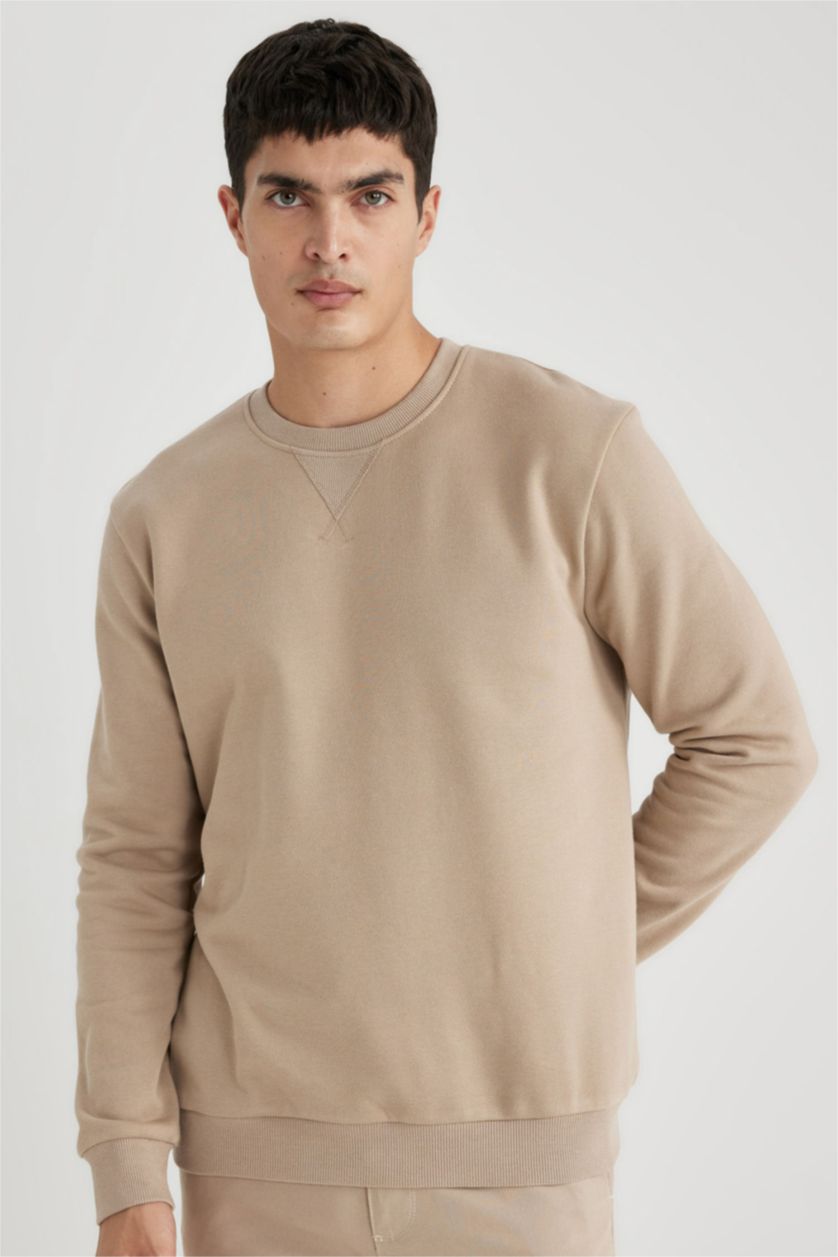 HOMME Beige Sweat-shirt en coton basique à Col rond et à coupe régulière