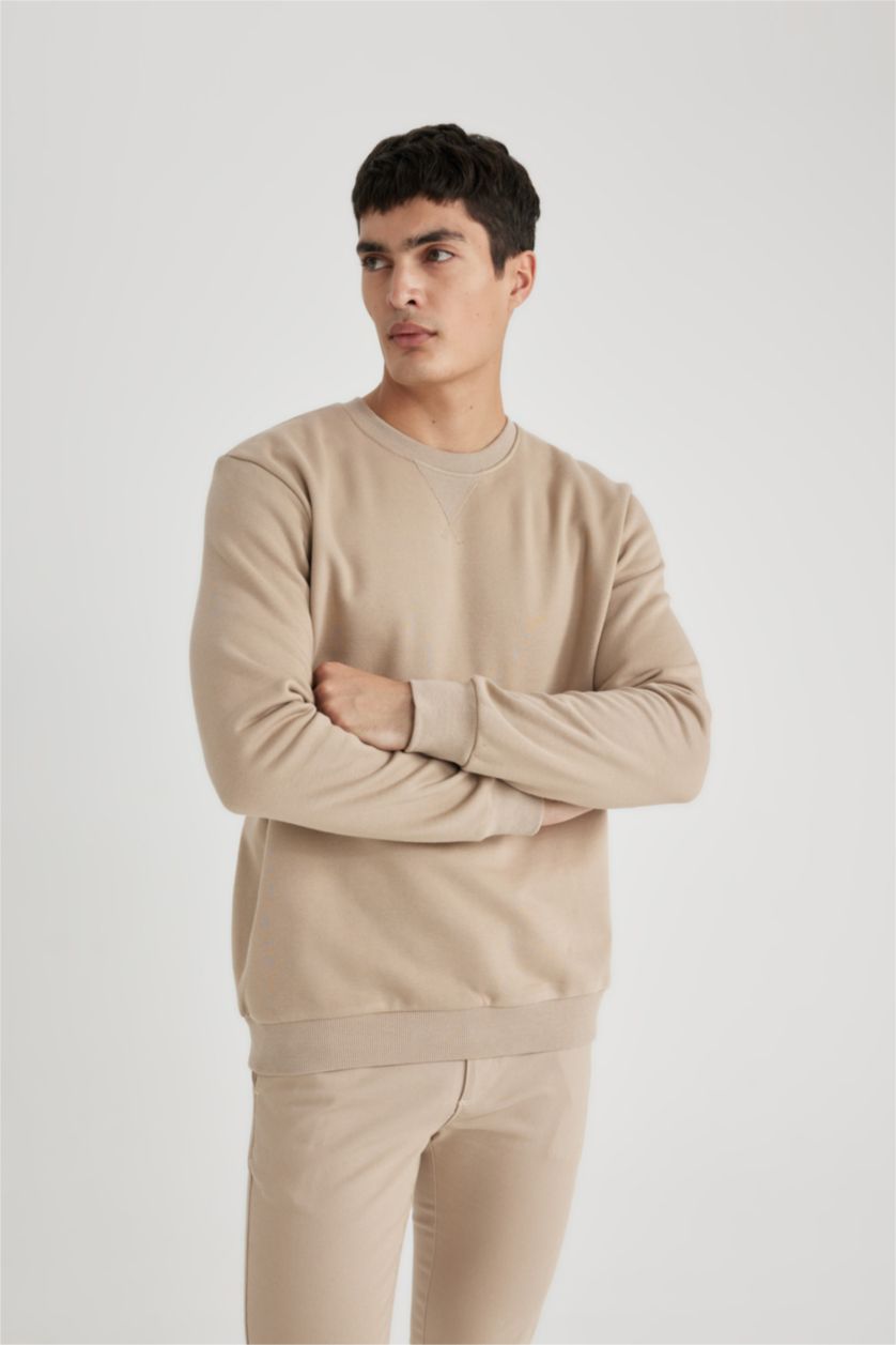 HOMME Beige Sweat-shirt en coton basique à Col rond et à coupe régulière