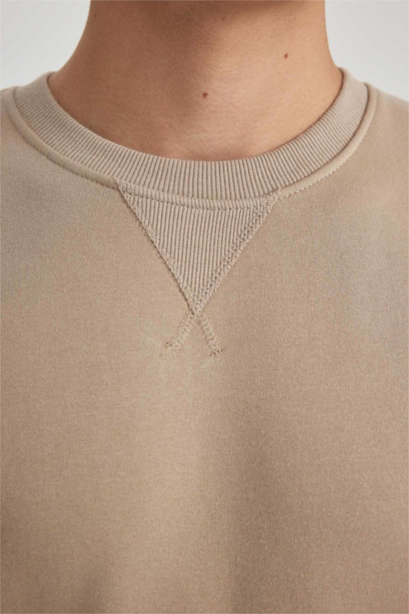 HOMME Beige Sweat-shirt en coton basique à Col rond et à coupe régulière