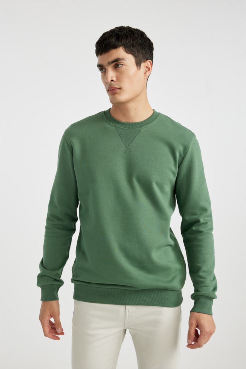 HOMME Vert Sweatshirt Coton Basique Coupe Régulière Col Rond