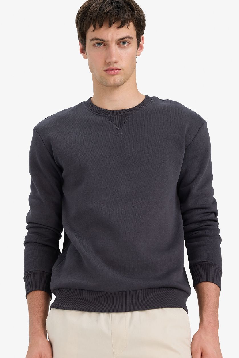 Erkek Koyu Antrasit Regular Fit Bisiklet Yaka Basic Düz Kalın Sweatshirt