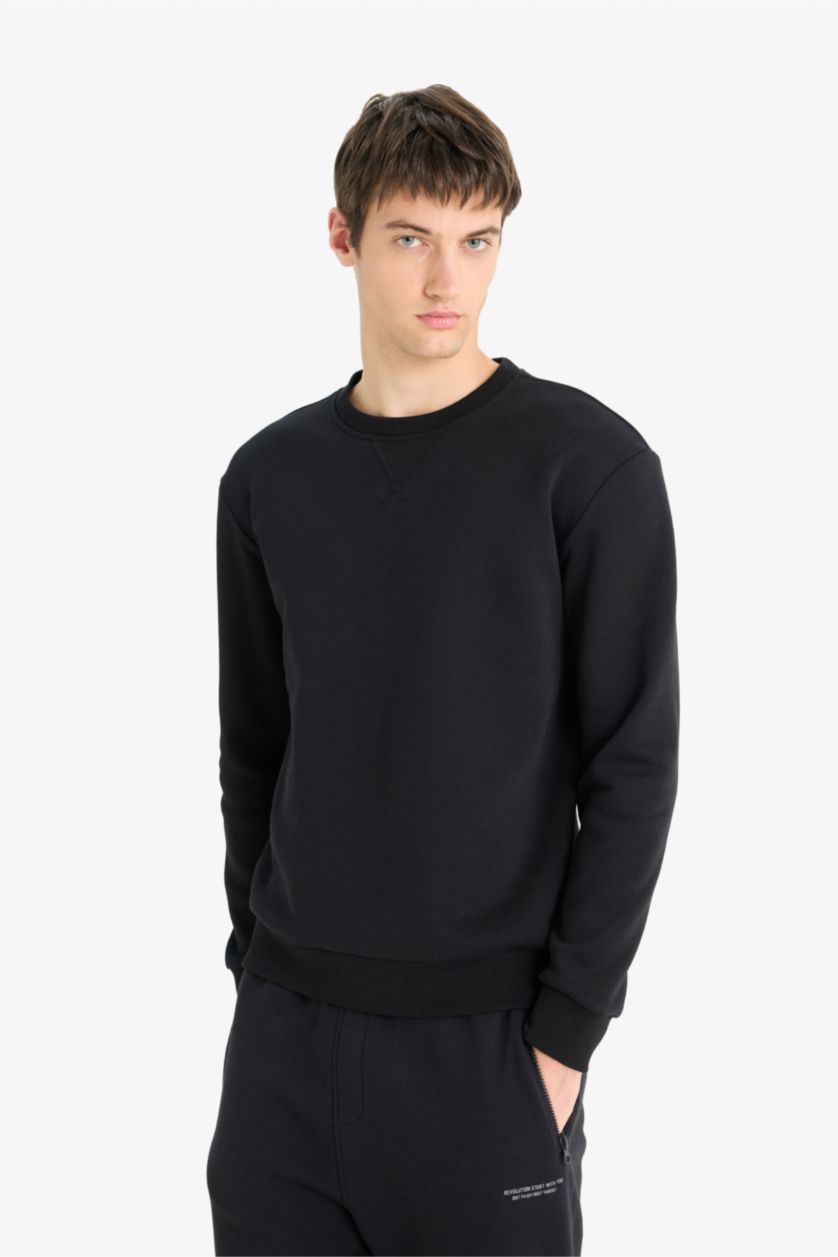 Erkek Siyah Regular Fit Bisiklet Yaka Basic Düz Kalın Sweatshirt