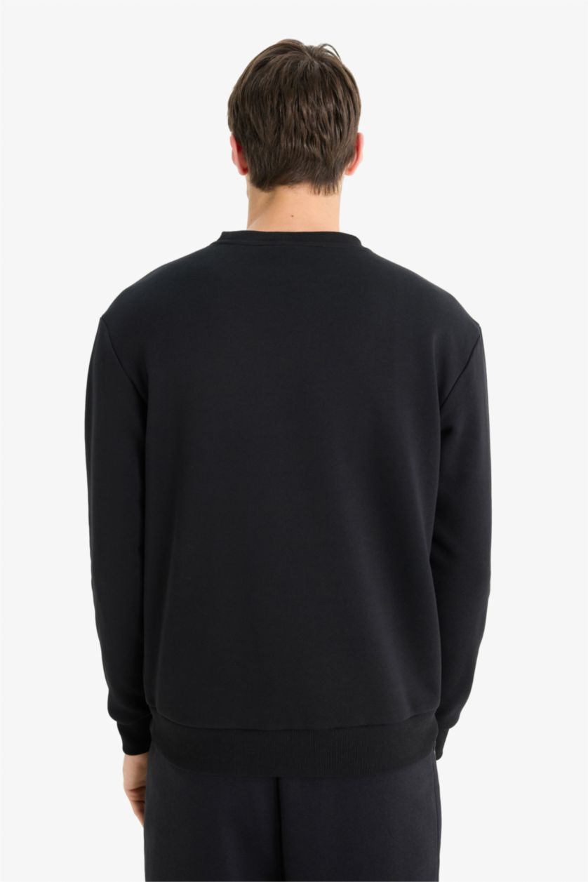 Erkek Siyah Regular Fit Bisiklet Yaka Basic Düz Kalın Sweatshirt