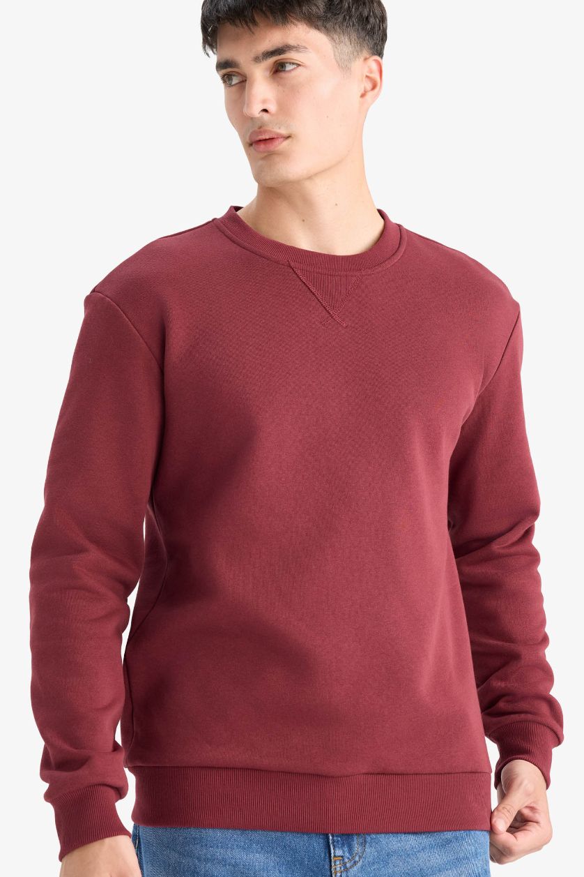 Erkek Bordo Regular Fit Bisiklet Yaka Basic Düz Kalın Sweatshirt