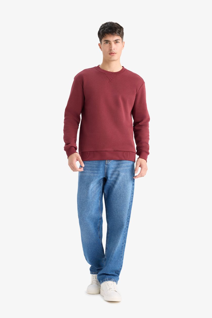 Erkek Bordo Regular Fit Bisiklet Yaka Basic Düz Kalın Sweatshirt