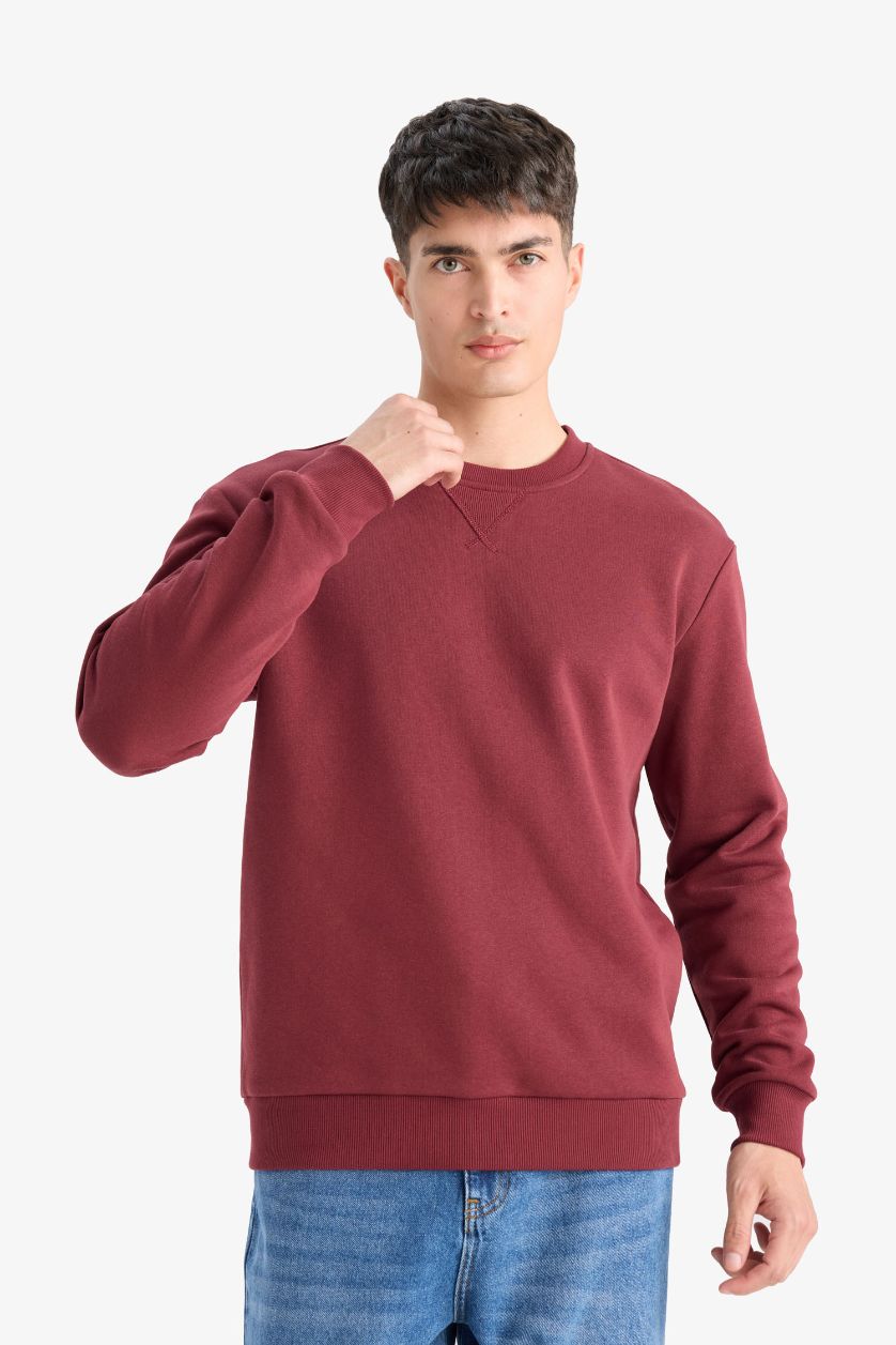 Erkek Bordo Regular Fit Bisiklet Yaka Basic Düz Kalın Sweatshirt