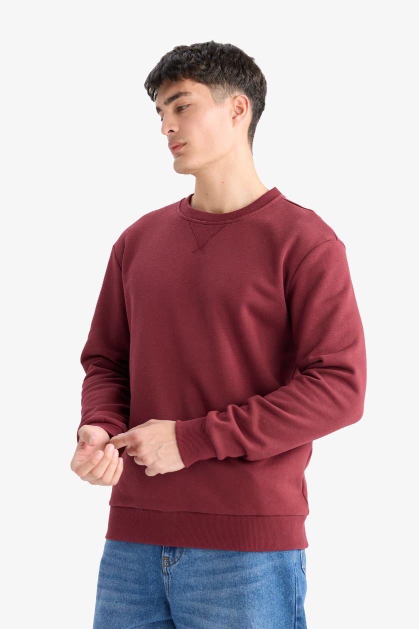 Erkek Bordo Regular Fit Bisiklet Yaka Basic Düz Kalın Sweatshirt