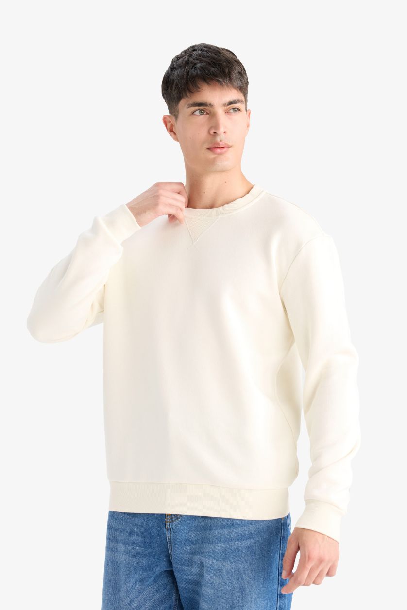 Erkek Ekru Regular Fit Bisiklet Yaka Basic Düz Kalın Sweatshirt