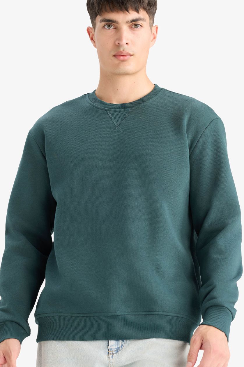 Erkek Koyu Yeşil Regular Fit Bisiklet Yaka Basic Düz Kalın Sweatshirt