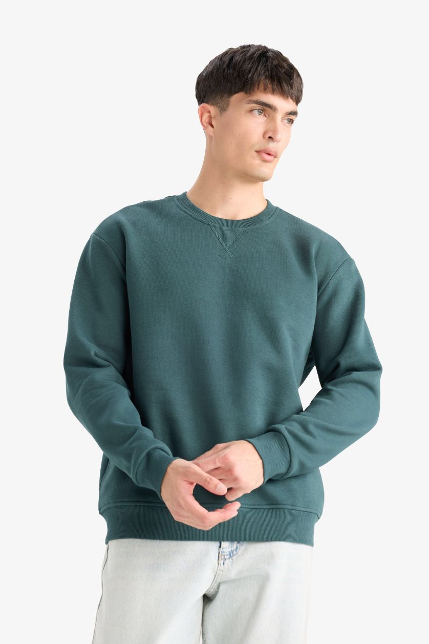 Erkek Koyu Yeşil Regular Fit Bisiklet Yaka Basic Düz Kalın Sweatshirt